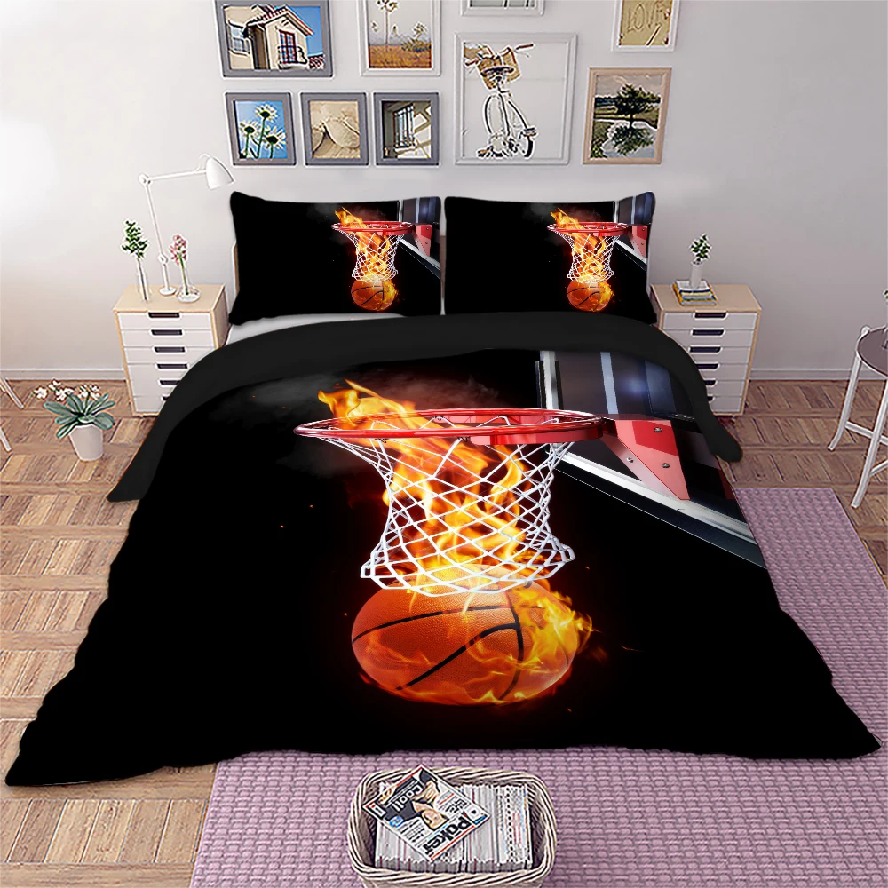 

3D Basketball Bedding Set Queen Fire Burning Basketball Duvet Cover Bed Clothes 3PCS Drop Shipping