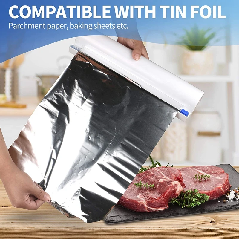 Dispensador de envoltorio de pl&aacute;stico para alimentos reutilizable para el hogar con cortador, dispensador de papel de aluminio/esta&ntilde;o con cortador, 1 envoltura incluida-4