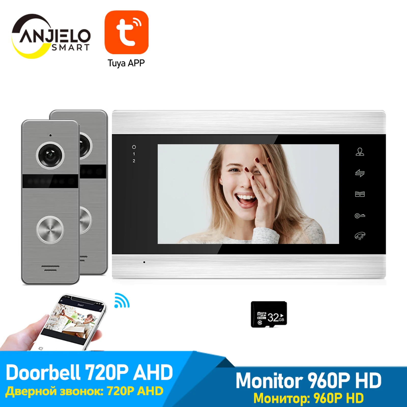 Anjielosmart 7 Inch Tuya Wifi Video Deurtelefoon Intercom Met 2 Deurbellen Dubbele Unlock Mobiele App Toegangscontrole Systeem Voor thuis