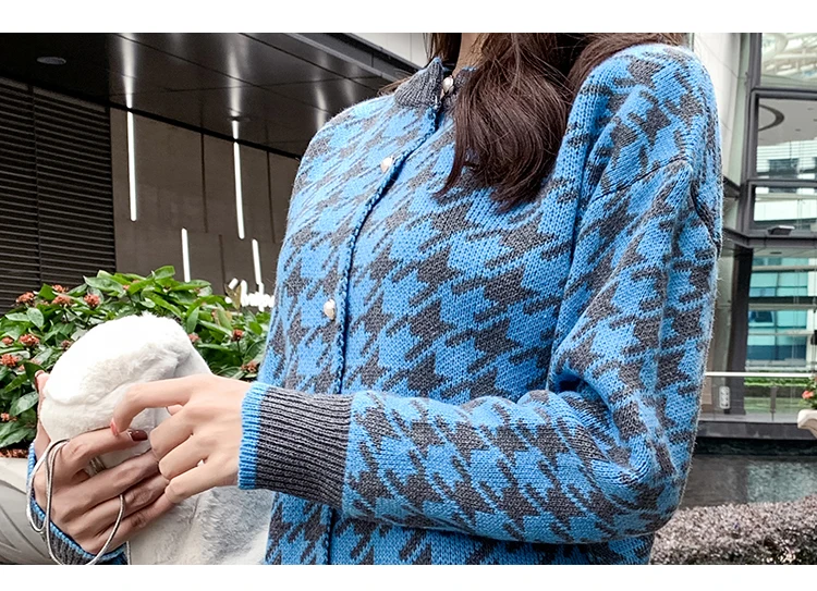 

Aihuyigui 2019 Autumn Winter Women Retro Houndstooth Thicken Warm Sweater Jacket Coat + Office Ladyknitted Dress Skirt Dr658