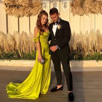 verngo simple bright satin long prom dresses off the shoulder sleeves pleats sweep train evening party gowns lady formal dress