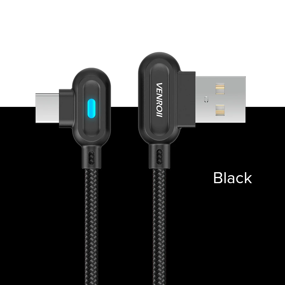 Venroii кабель usb type C 1 м светодиодный кабель для быстрой зарядки и синхронизации данных для samsung huawei Xiaomi 90 градусов Android мобильный телефон игры Kable