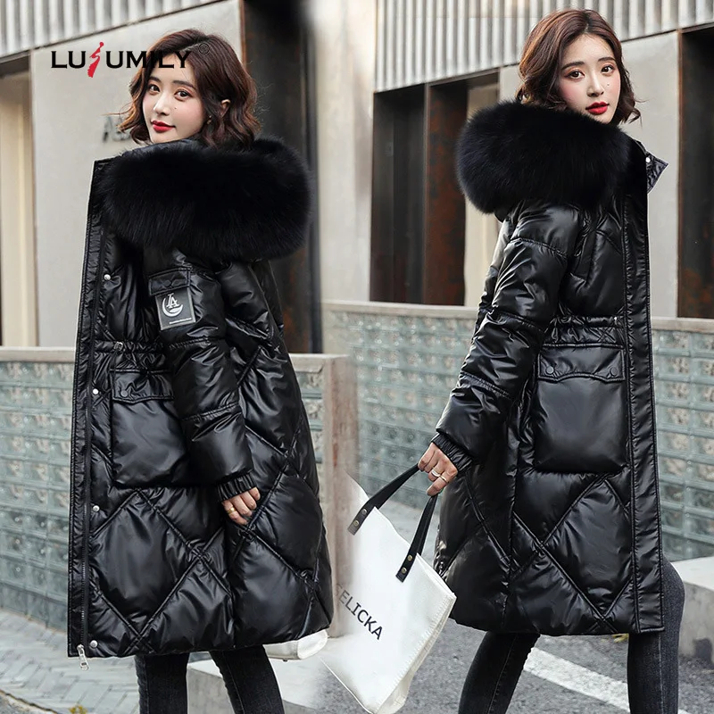 

Lusumily Winter Jacket Down Parka Women New Fashion Hooded Big Fur Collar Cotton Padded Jackets Thick Warm Glossy Long Snow Coat