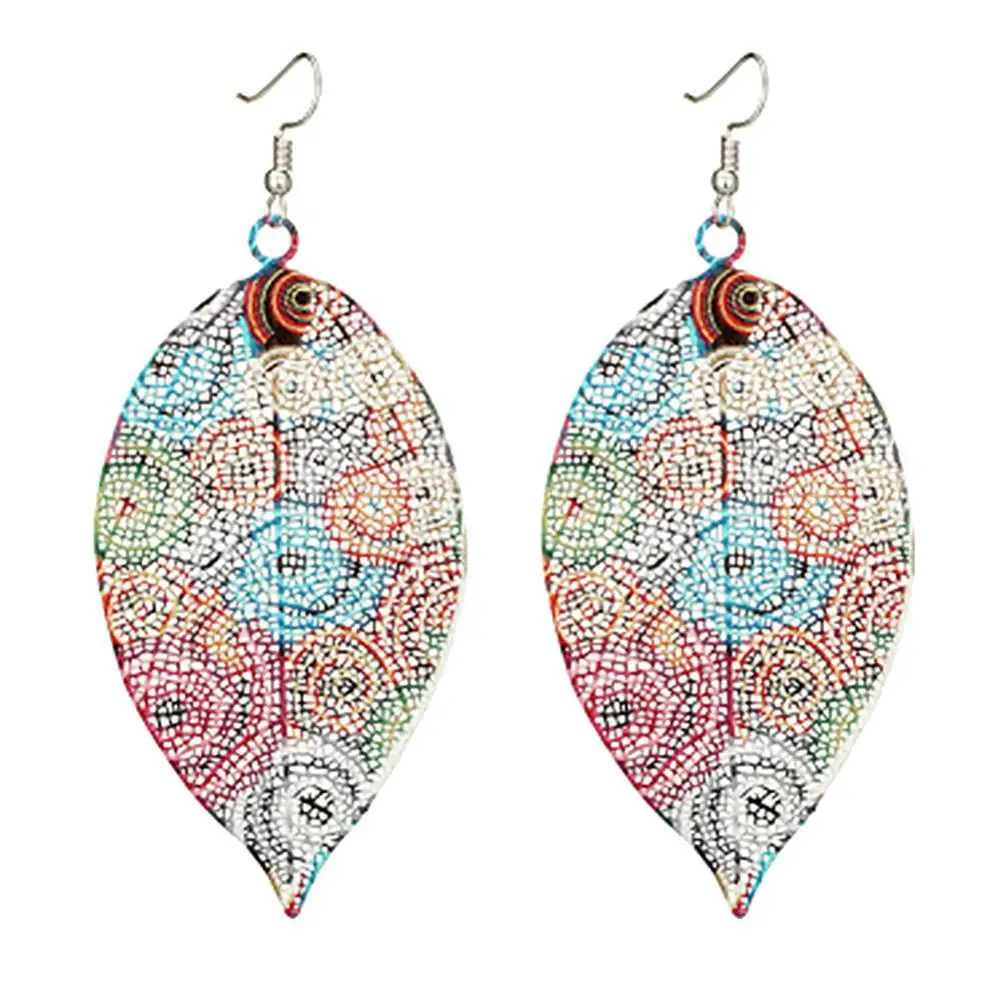 

Ethnic Hollow Colorful Leaf Pendant Drop Women Statement Hook Earrings Jewelry