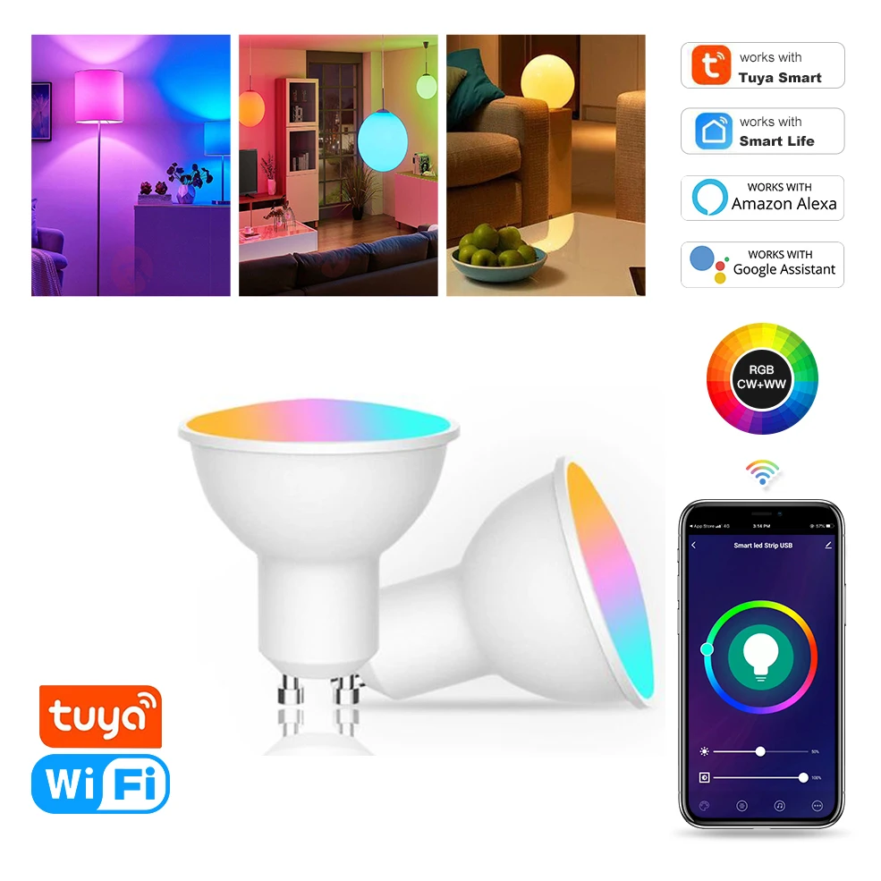 

Tuya GU10 Wifi Smart Bulb RGBCW Dimmable Light Bulb Music Sync led Lamp Spotlight Compatible With Alexa Google For Room Decor