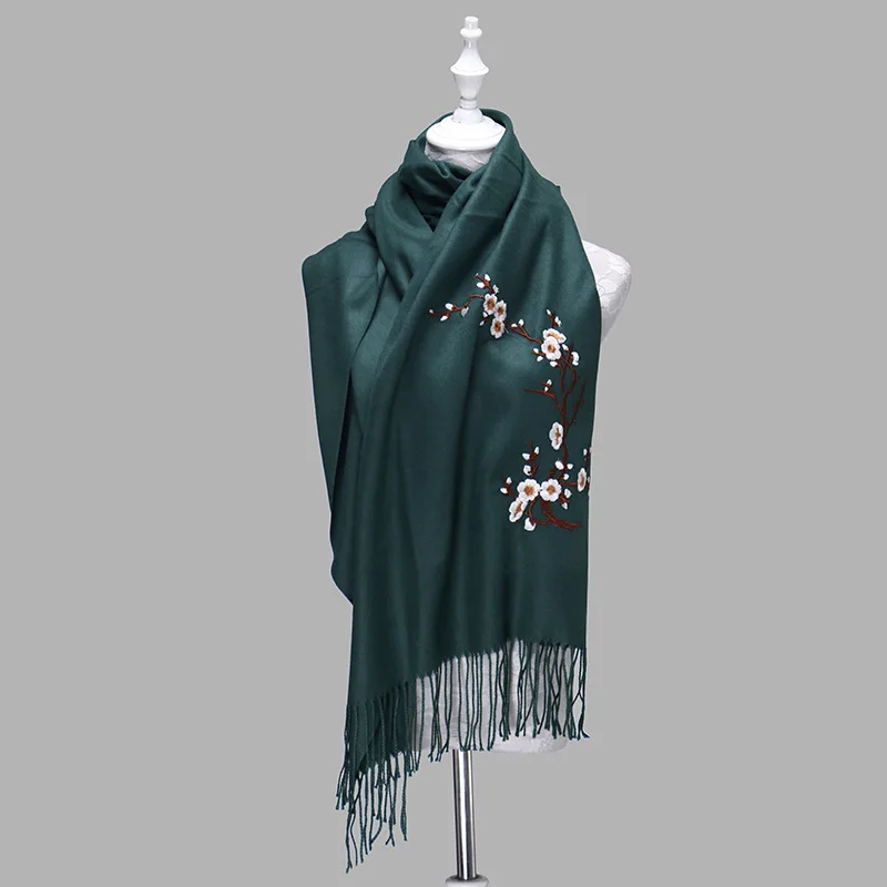 

2021 Autumn Winter New Women Scarf Literary Wind Plum Flower Double-Sided Embroidery Solid Color Thickened Warm Tassel Shawl