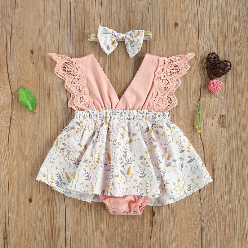 

Pudcoco 0-24M 2Pcs Summer Sleeveless Floral Print V-Neck Lace Leotard Bodysuit+Bow Headwear Outfit Clothes