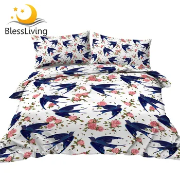 BlessLiving Spring Birds Duvet Cover With Pillowcases Swallow Queen Bedding Set Floral Bedclothes Pink Flower Bed Set 3-Piece 1