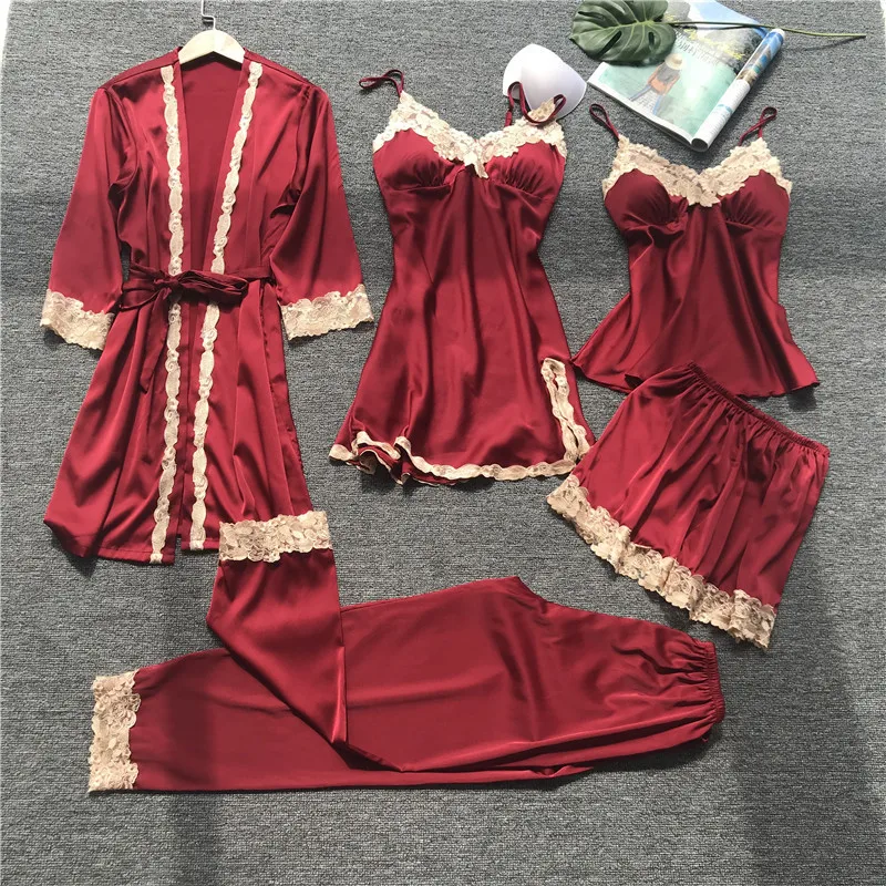

Women Pajamas 5 Pieces Sets Robe Sets Sexy Lace Sleepwear Nightgown Gift Lounge Pyjama With Chest Pads Lingerie Dropshipping