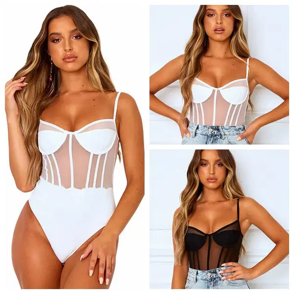 Женское сексуальное боди с подтяжками глубоким вырезом прозрачное сетчатое