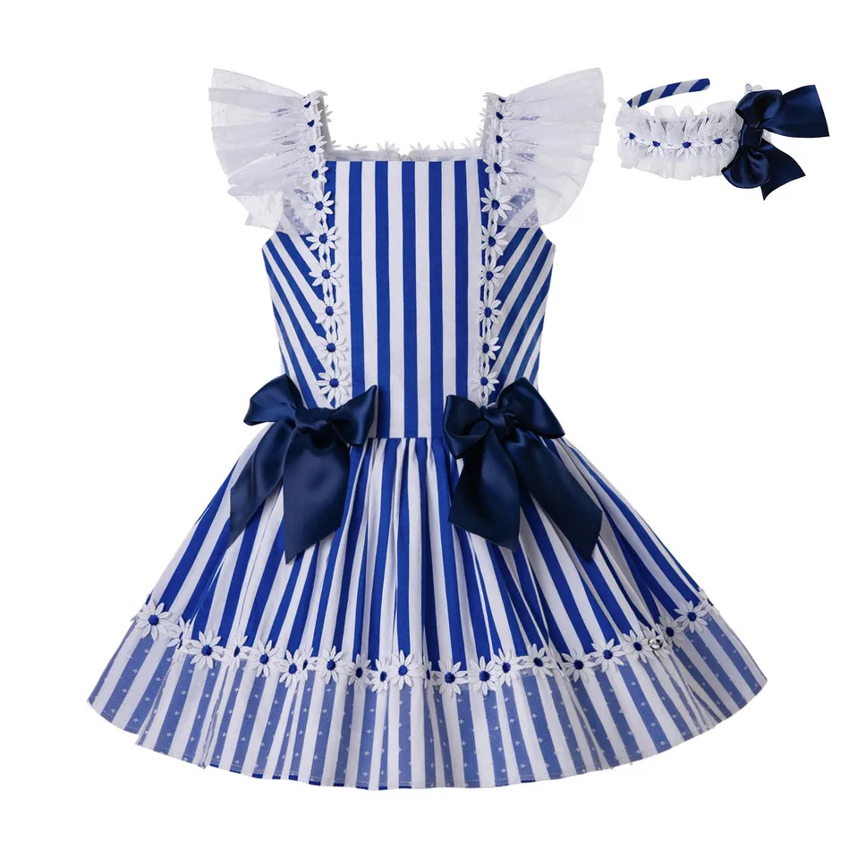 Cutestyles Cotton Vintage Summer Deep Blue Stripe Princess WeddingDresses For Baby Girls With Bow EG-DMGD203-C151 | Детская одежда и