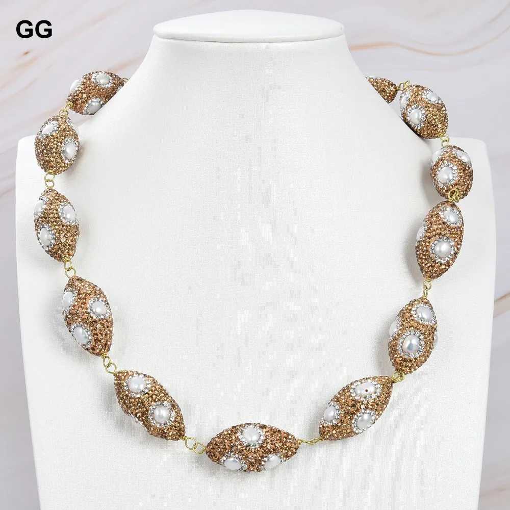 

GG Jewelry Cultured White Keshi Pearl Yellow CZ Plated Oval Nugget Beads Necklace Lady Women Gift Jewelry