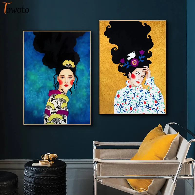 Абстрактная Картина на холсте с изображением девушек волос цветов птиц