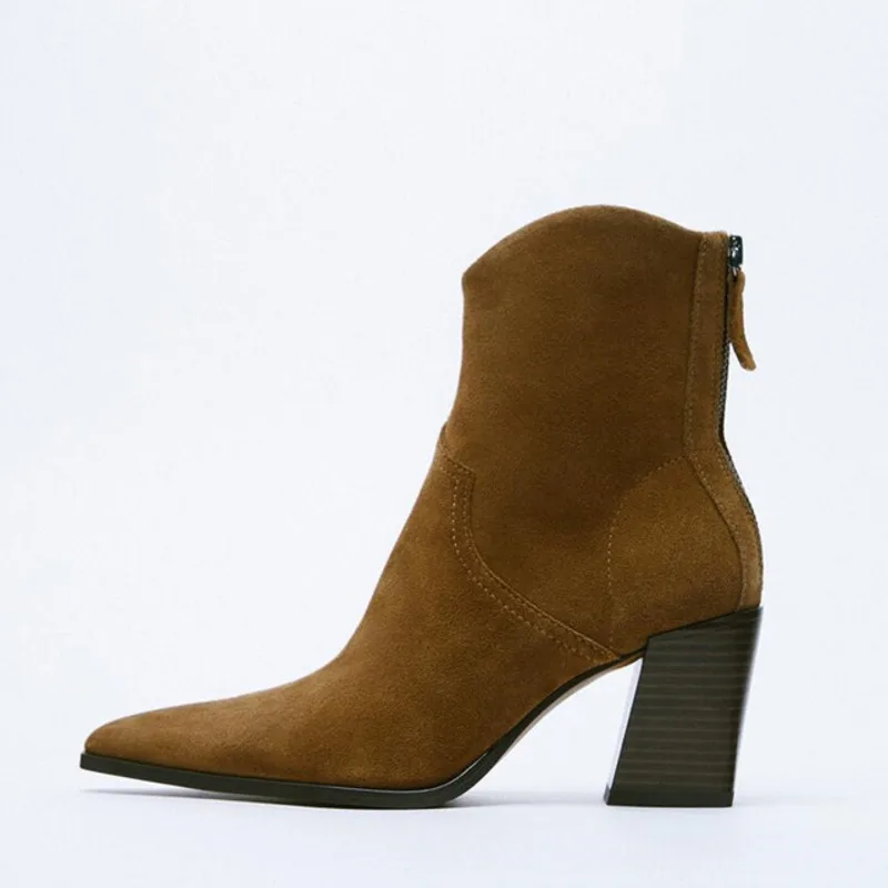 

Женские Ботильоны на каблуке Za, коричневые Винтажные ботинки на молнии, Осень-зима 2019
