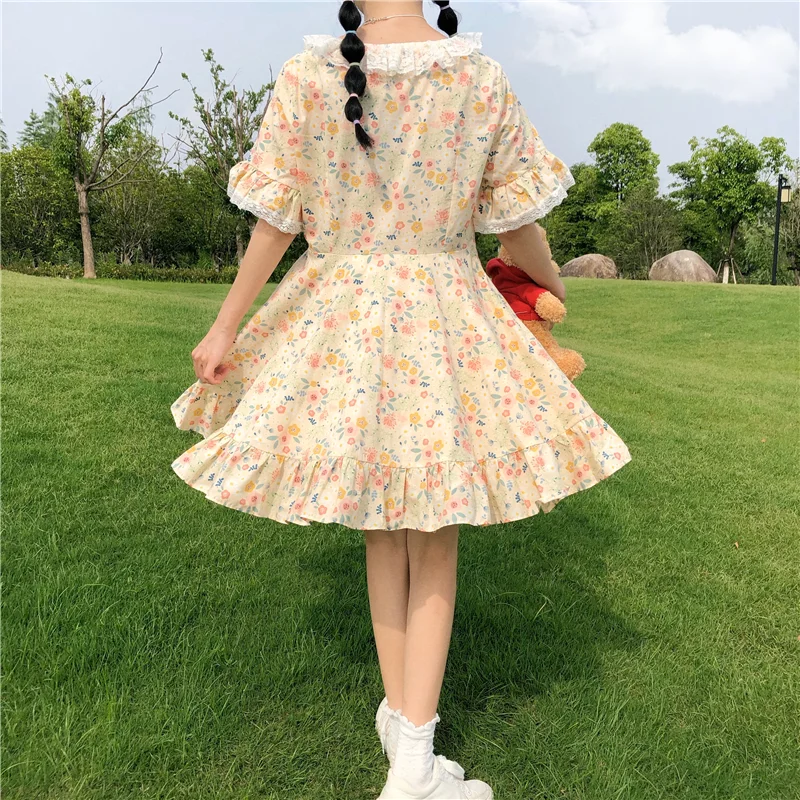 

Sweet Floral Women Dress Summer Elegant Casual Loose Vintage Feminine Vestidos Lace Petal Sleeve Prairie Chi One Piece Dresses