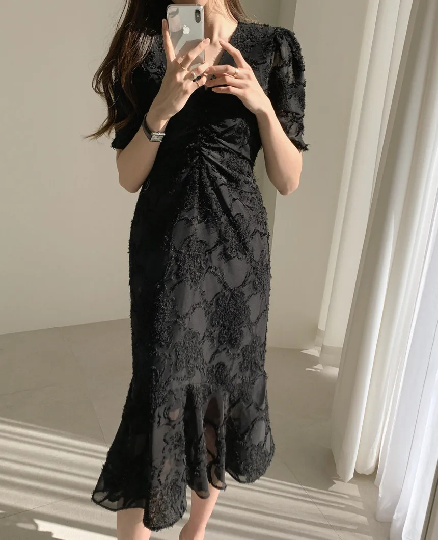 

CYJR Stylish V-Neck Elegant Waist-Controlled Slimming 2020 Early Spring Plus Slender Ruffles Short-Sleeved Long Dress