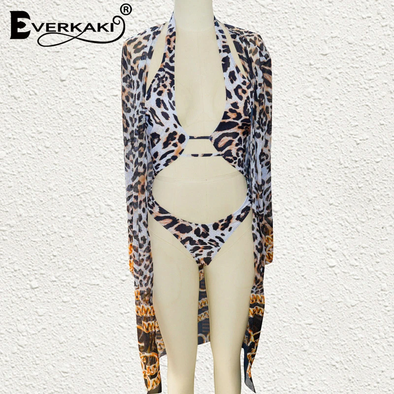 

Everkaki Leopard Print Bikini 2PCS Sets Women Summer Beach Boho Swim Bodysuits and Kimono Swimsuit Bathers Swimwear Female 2021