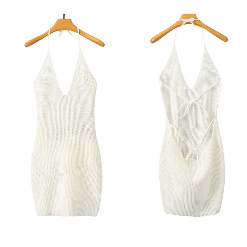 

Sexy Backless Halter Mini Dress Women V-neck Sleeveless Summer Knitting Dresses Beach Cover Party Clubwear Casual Vestidos Black