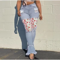 multicolor floral embroidery mesh transparent bohemian patchwork denim jogging womens stretch ripped skinny jeans flared pants