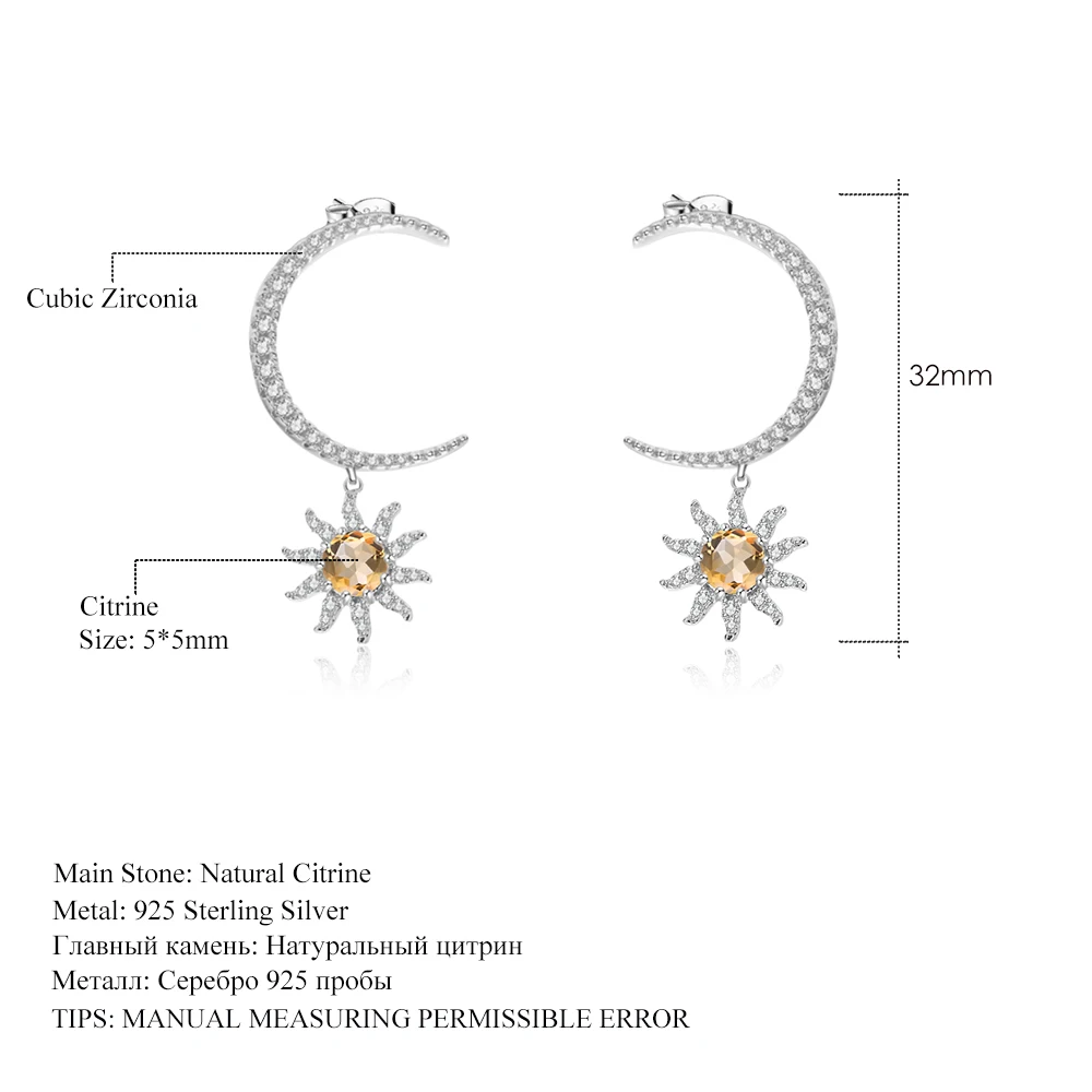 

GEM'S BALLET 0.95Ct Natural Citrine Sun and Moon Drop Earrings 925 Sterling Silver Gemstone Earrings for Women Fine Jewelry
