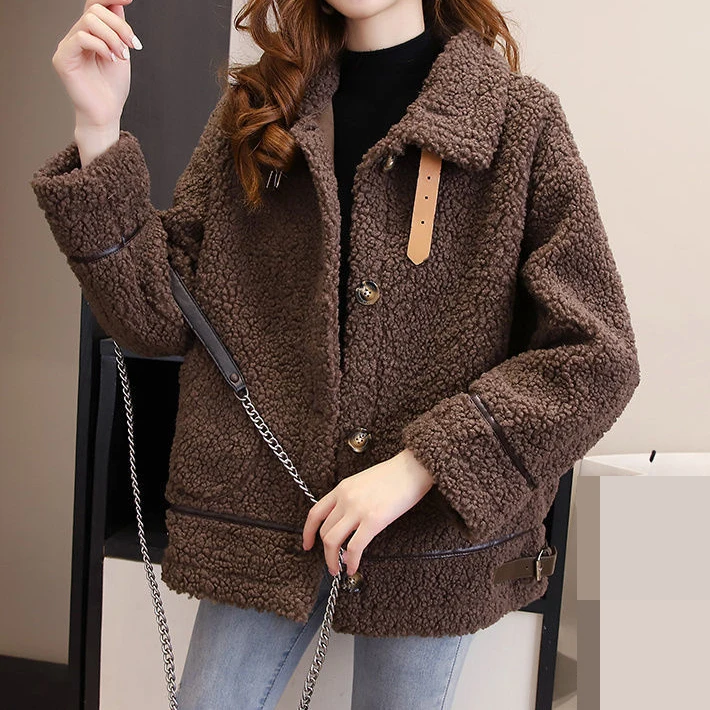 

Lamb wool coat women's long-sleeved 2021 Korean version of loose autumn and winter wild thick fur one-piece plush warm top