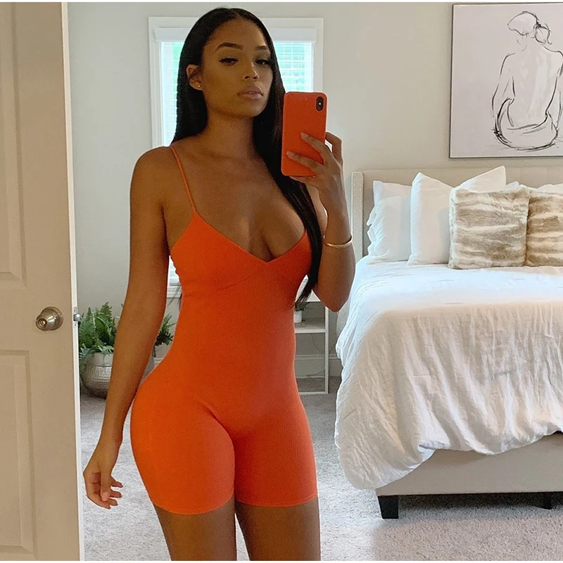 NewAsia Sexy Jumpsuit Summer Sleeveless V-neck Bodycon Rompers Womens Jumpsuit Ribbed Playsuit Casual Streetwear Orange Bodysuit