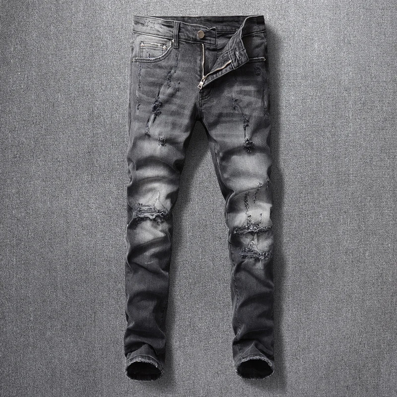 Джинсы мужские рваные в стиле панк, уличная одежда, повседневные Модные джинсы в стиле ретро, эластичные хлопковые облегающие дизайнерские ...