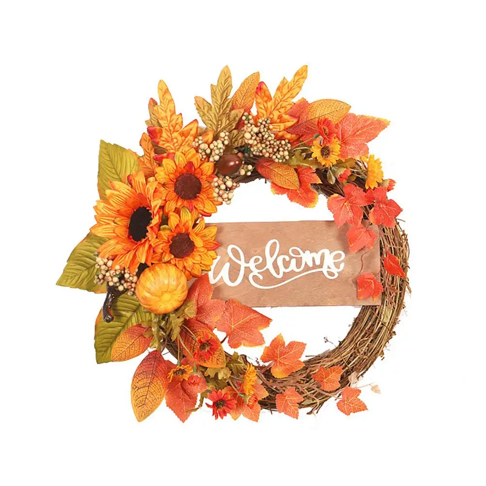 

50cm Sunflower Maple Leaf Rattan Wreath Door Hanging Autumn Wreath Pendant Home Halloween Decoration Thanksgiving Garland