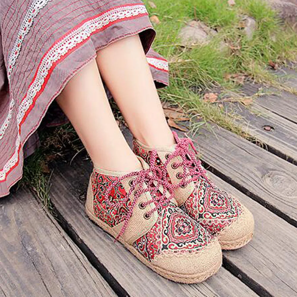 Новинка Женская обувь в винтажном стиле Тканевая на плоской подошве из хлопка и