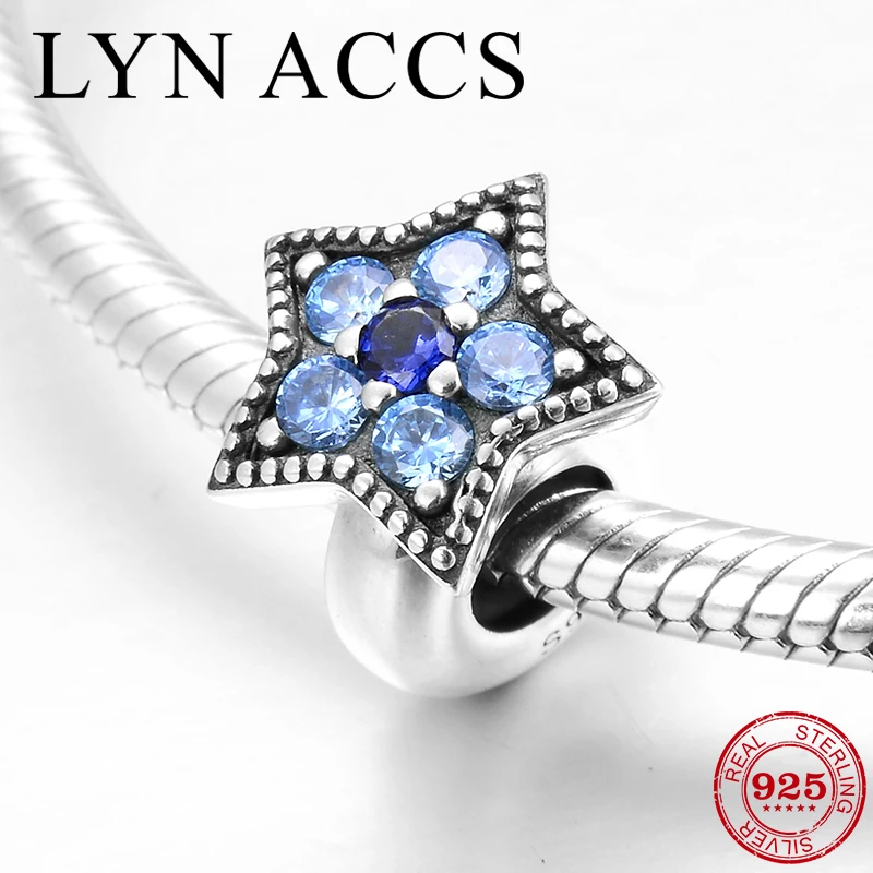 Настоящее 925 пробы серебро синий циркония звезда пробка бусины-разделители