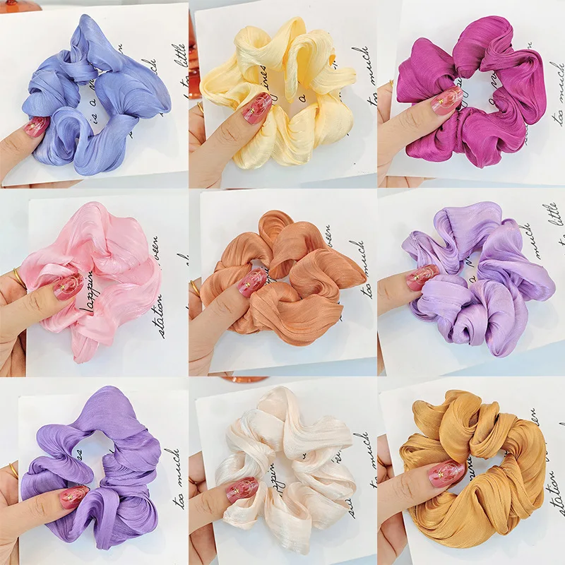 

2020 New Fashion Solid Color Chiffon Cloth Hair Ring Water Wave Stripe Large Intestine Elastic Hair Bands Girl Women Headdress