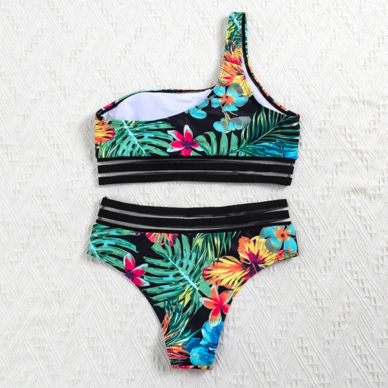 

Bikini Swimsuit Women Push Up Bikini Set Sexy One Shoulder Beachwear Summer Leaf Bathing Suit High Waist Swimwear Women 2021