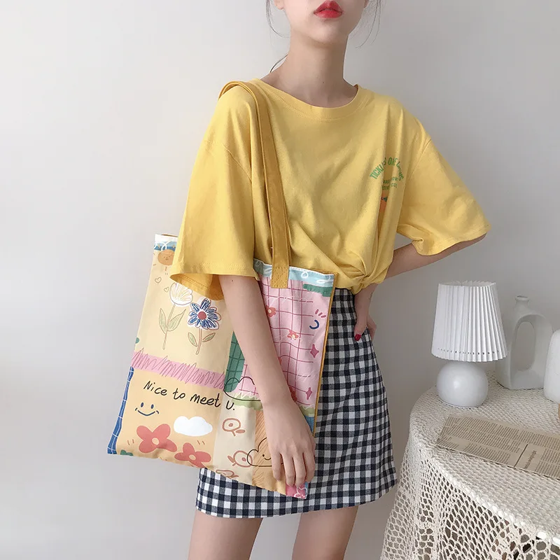 

INS Original Hand-Painted Graffiti Top-Handle Bags Canvas Bag For Women Shoulder Bags Cute Bag Shopper