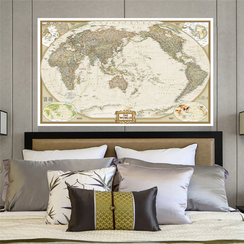 Винтажная карта мира 150x100 см Нетканая Картина на холсте Ретро настенный плакат
