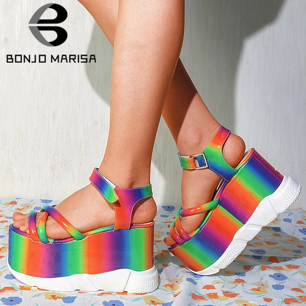 

BONJOMARISA INS Hot Sale Multicolor Rainbow Platform women's Sandals Open Toe Wedges Thick Bottom Heeled Hook Loop Leisue Shoes