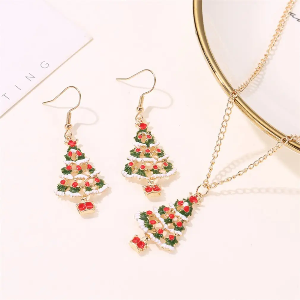 

Christmas Color Cartoon Jewelry Cute Dripping Oil Christmas Tree Earrings And Necklace Set Alloy Jewelry