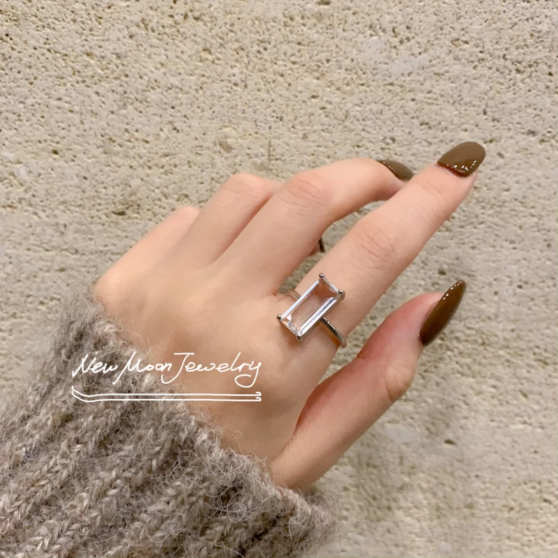 

Crescent Moon/Sea Salt/Quartz Stone Ring/Square Diamond Crystal 925 Silver Simple Personalized All-Match Ins Style Gift
