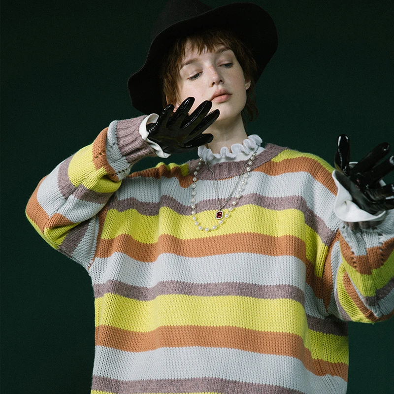 Многоцветный свободный длинный рукав полосатый вязаный женский свитер для зимы |