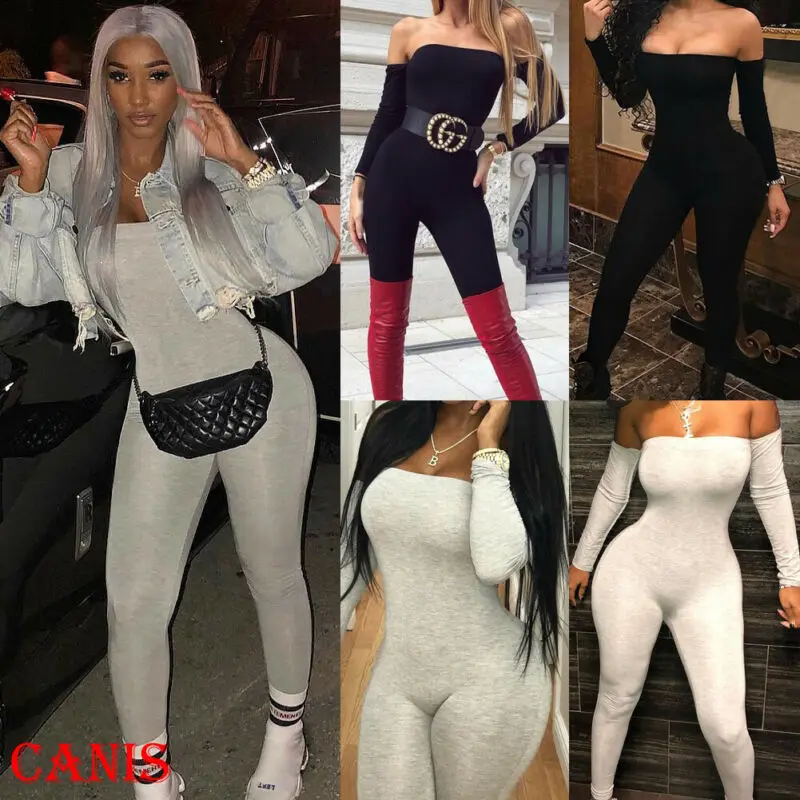 

2020 Sexy Women's Off Shoulder Slash Neck Skinny Romper Long Sleeve Evening Sexy Solid Long Jumpsuit