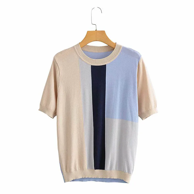 

DOUJILI 2021 New Top Tees Short Sleeve Round Neck Asymmetrical Splicing Color Fashion Women T-Shirt Casual Wearing