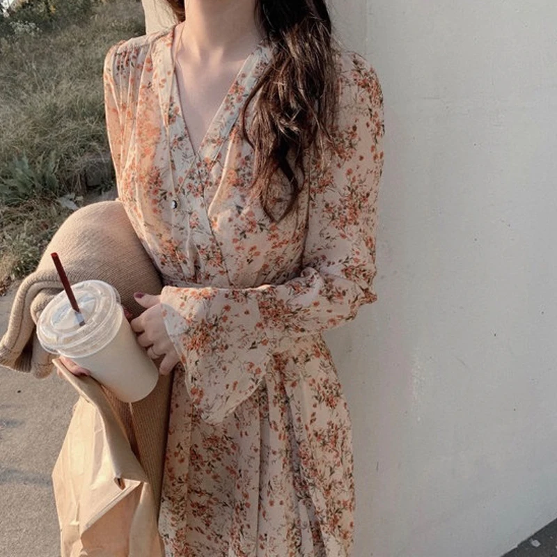 Женское Плиссированное Платье миди с цветочным принтом длинным рукавом и V
