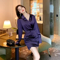 2020 new korean elegant purple shirt dress for women streetwear corset long sleeve mini ladies dresses sheer casual wrap dress