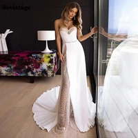 sevintage mermaid dotted tulle wedding dresses satin backless beach bridal gowns sweetheart shinny princess wedding party gown