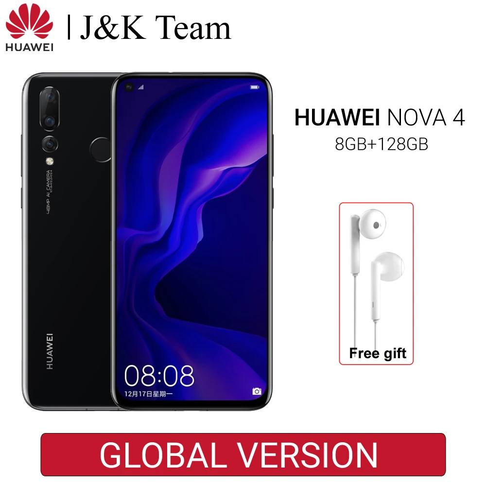 Huawei Nova 4 смартфон 8 Гб 128 ГБ глобальная Версия Мобильный телефон Тройная камера