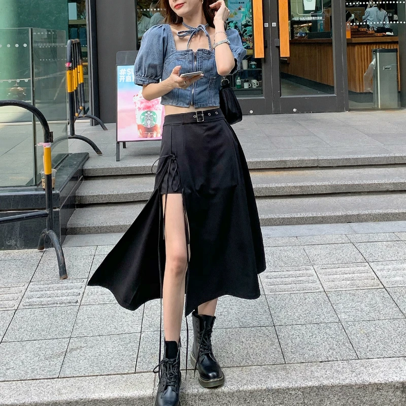 

2 Piece Set Women Summer 2021 Gothic Black Skirt Korea Irregular y2k Skirts+Crop Top Fashion Suits Sexy Streetwear Set Chic News