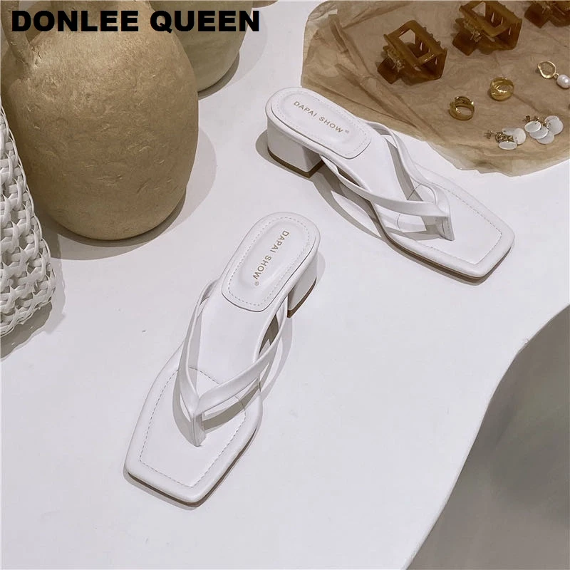 2020 New Fashion Square Toe Heels Slippers Women Slip On Slides Narrow Band Sandal Summer Shoes Beach Flip Flops Outdoor Slipper | Обувь