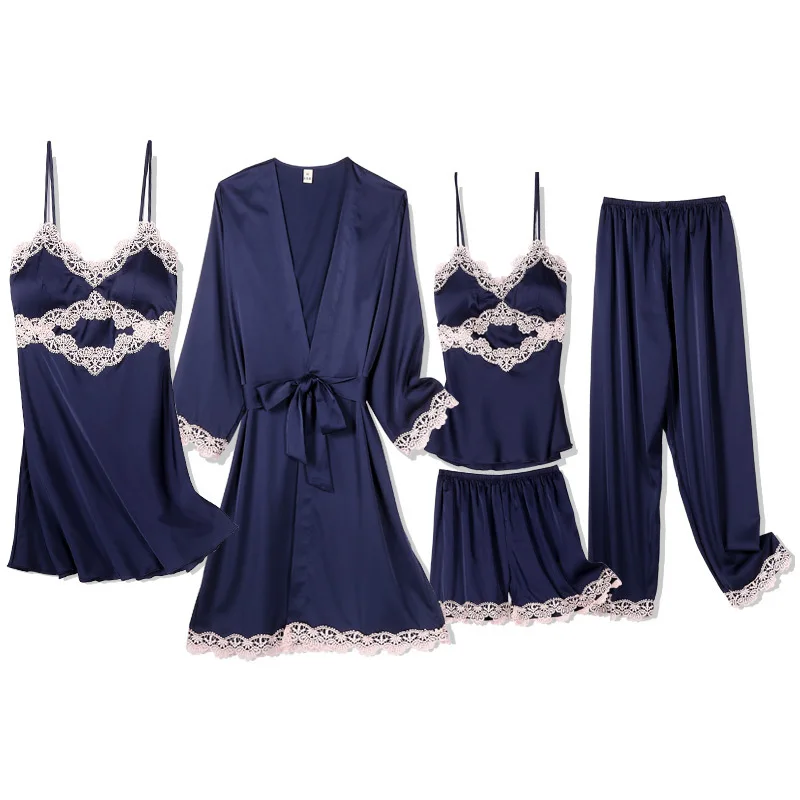 

5PCS Sleep Set Gray Pathwork Long Sleeve Casual Satin Nightgown Nightwear Female Novelty Kimono Bathrobe Gown Home Clothing