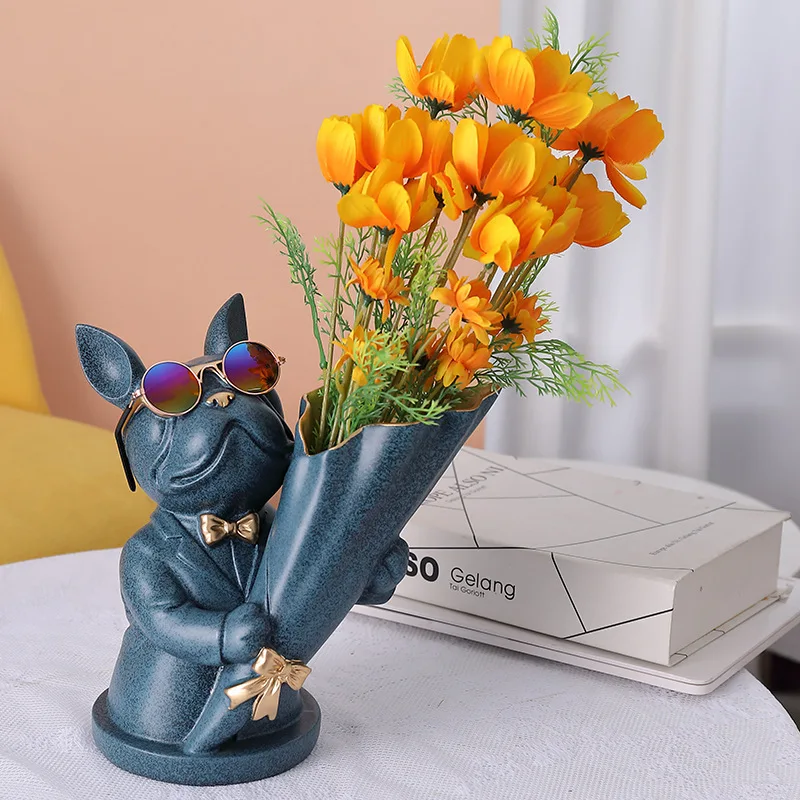 

Modern Bouquet Bulldog Dog Statue Vase Flower Arrangement Artist Room Home Decoration Accessories Gift Art Sculpture Crafts