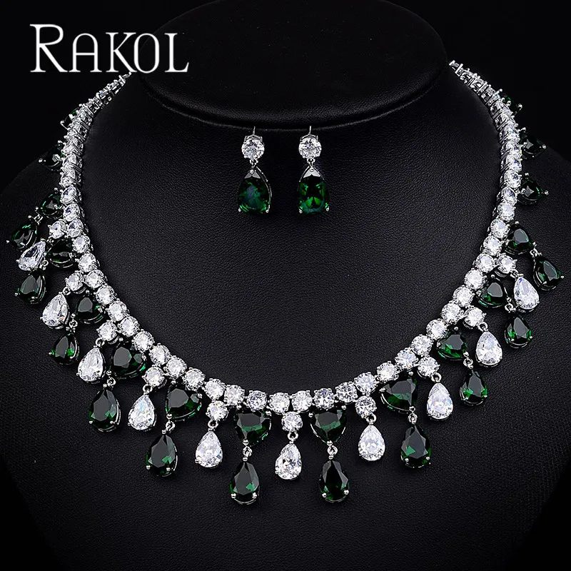 Water Drop Green RAKOL новинка высокое качество синий кубический цирконий серьги ожерелье набор для женщин воды Висячие серьги-капельки Роскошные вечерние ювелирные изделия RS0390 - Окраска металла: Water Drop Green