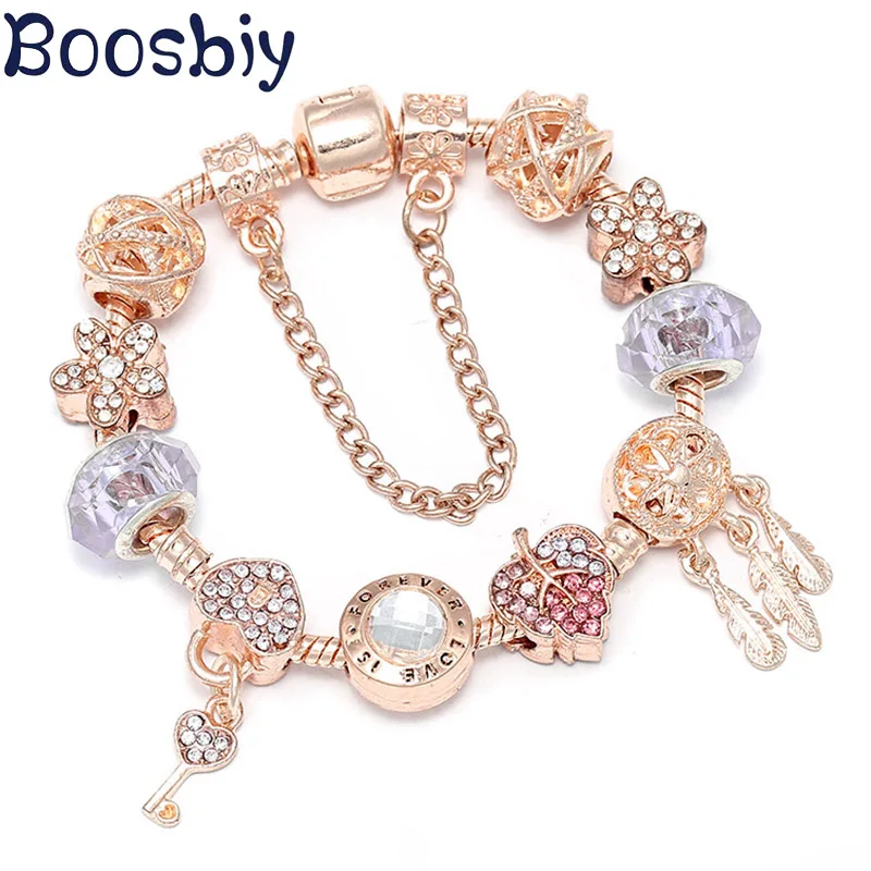 

Boosbiy Rose Gold Key & Dreamcatcher Pendants Charm Bracelets &Bangles For Women Luxury Brand Bracelet Handmade Jewelry Gift